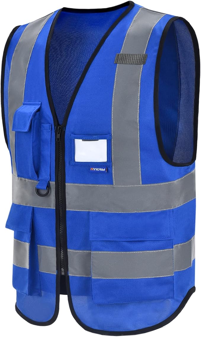 A-SAFETY Blue Safety Vest Reflective Work Vest,Hi Vis Bright Neon Color with 4 Reflective Strips 7 Pockets,XXL