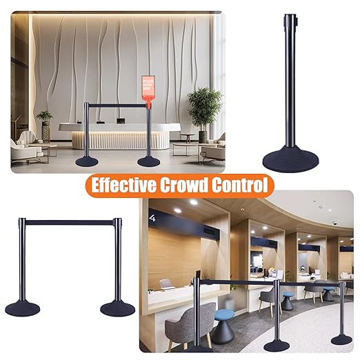 41" Black Crowd Control Stanchion Set, Stable Heavy-Duty Rubber Base with 10 Feet Retractable Belt Crowd Control Barriers, Retractable stanchions for Outdoor Safety (6 Pack)
