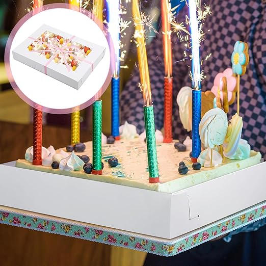 5 Set Corrugated Full Sheet Window Cake Box 26x18x4 Inch with Cake Board and Pink Satin Ribbon Heavy Duty Large Rectangle Bakery Boxes with Window White Bakery Boxes for Packaging Cupcake