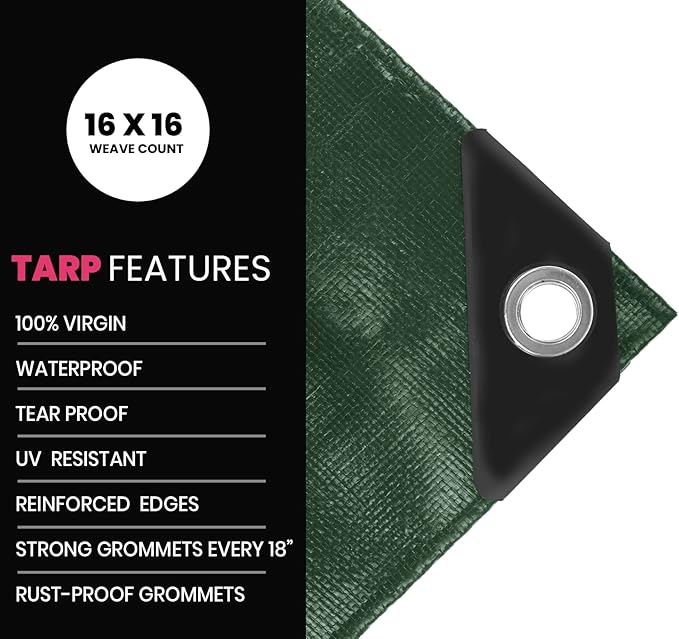 PROTARP Extreme Heavy Duty 22 Mil Tarp Cover, Waterproof, UV Resistant, Rip and Tear Proof, Poly Tarpaulin with Reinforced Edges for Roof, Camping, Patio, Pool, Boat. (Green/Black 50′ X 100′)