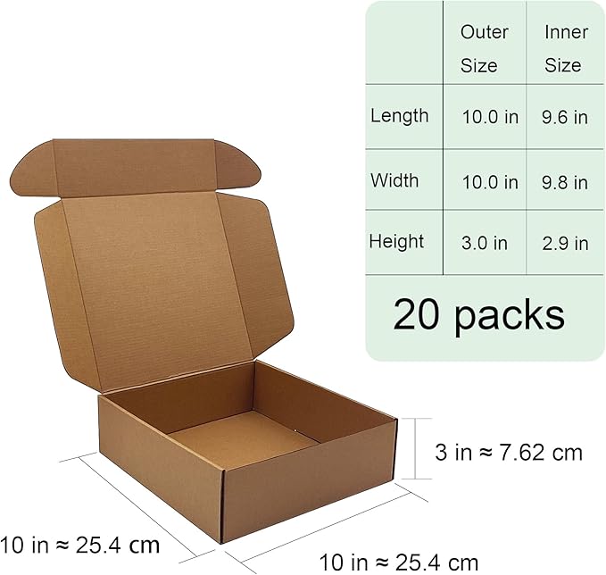 10x10x3 inch Shipping Boxes，Bulk 20 Pack，Brown Corrugated Mailers Cardboard Literature Mailer Box for Packaging Business, Mailing,Moving and Storage，Small Gift Boxes for Wrapping Mailing Present