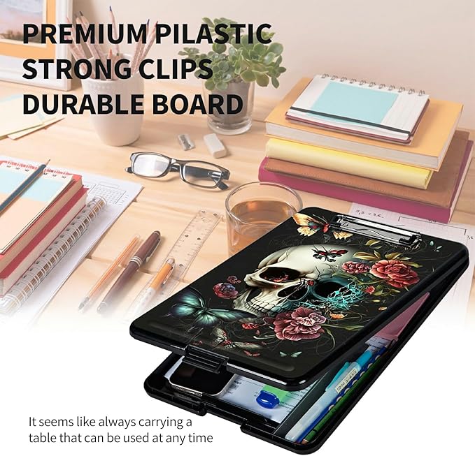 A4 Clipboards,Heavy Duty Waterproof Nursing Plastic Folder Clipboard with Storage Clip Boards,File Folder Storage Box Clipboard Case for Teacher,Doctor,Offices,Butterfly Skull Flower