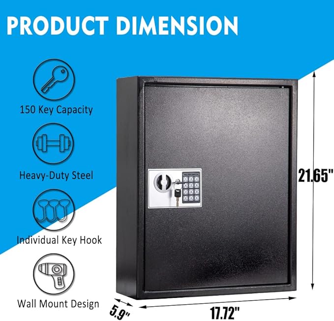 UMEKEN Key Box Wall Mount 150 Position Valet Digital Car Key Cabinet Lock Box with Code, Electronic Key Vehicle Holder Lockbox with Key Tags, Key Organizer Locker Box, Black