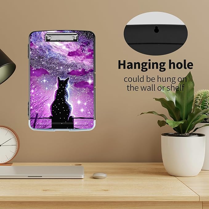 Clipboard with Storage High Capacity Plastic Nursing Clipboards with Pen Holder File Folder Storage Box Clipboard with Heavy Duty Clips for Teacher,Doctor,Offices-Hipster Cat Galaxy