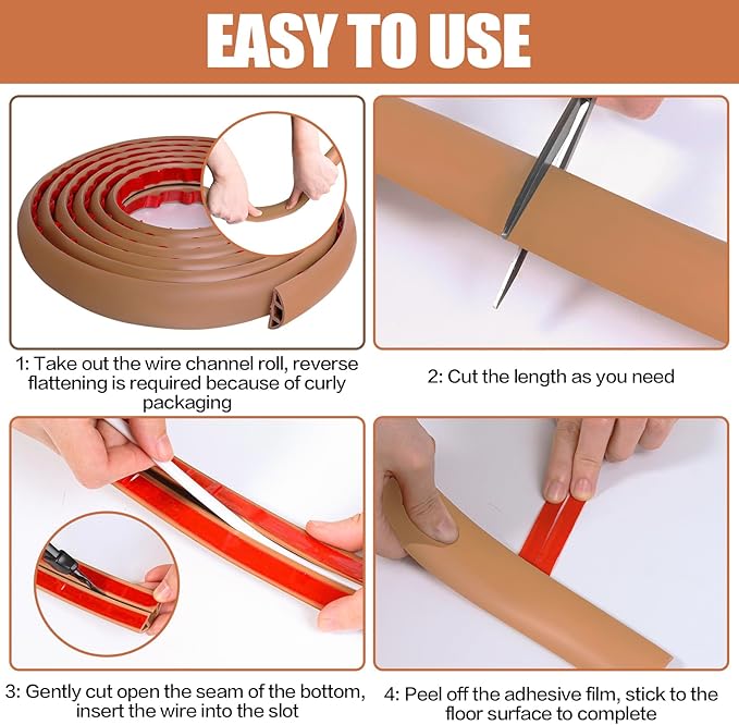 Floor Cord Cover Cavity 0.8"x0.37" Self Adhesive Cord Hider, 3.3FT Low Profile Cable Management, Extension Strip Protector for Wires, Prevent Cable Trips for Offices, Gyms, Exhibitions（Brown）