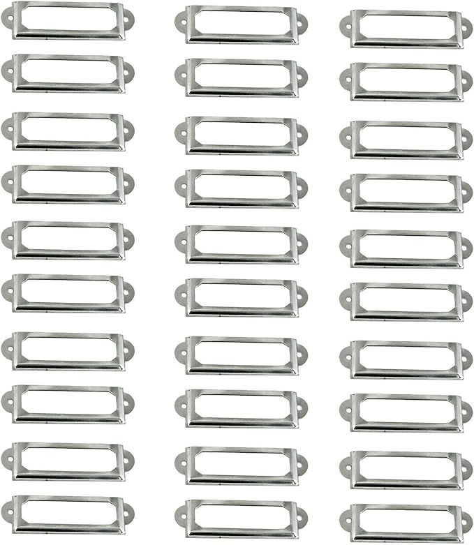 LGEGE 30 Pcs Card Holder Drawer Pull Office Library File Drawer Tag Carbinet Shelves Drawer Name Lable Holder(Color Silvery)