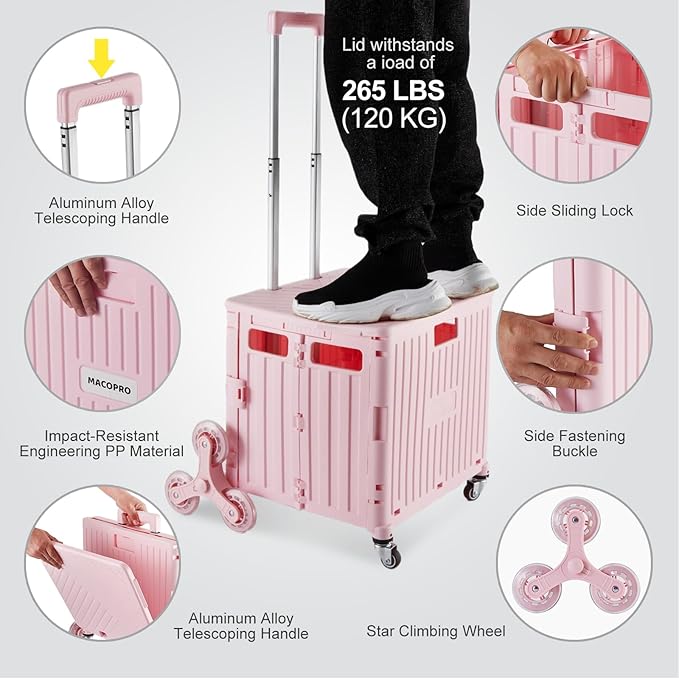 Foldable Utility Cart with Stair Climbing Wheels, Collapsible Rolling Crate with Telescoping Handle, Folding Shopping Trolley Handcart Grocery Book File Tool Teacher Storage Basket (Pink)