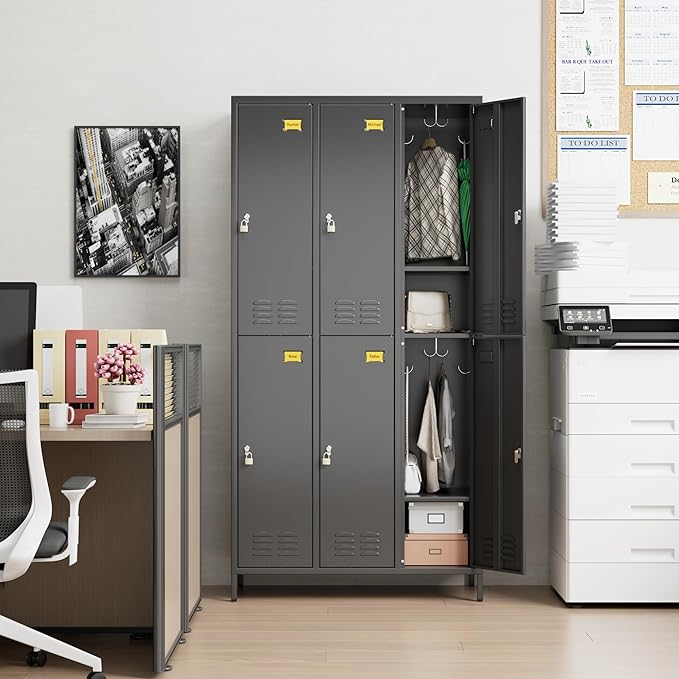 6 Doors Metal Locker for Employees with 18 Hooks,Metal Locker with Business Card Holder forOffice Gym Home,Assembly Required,Black