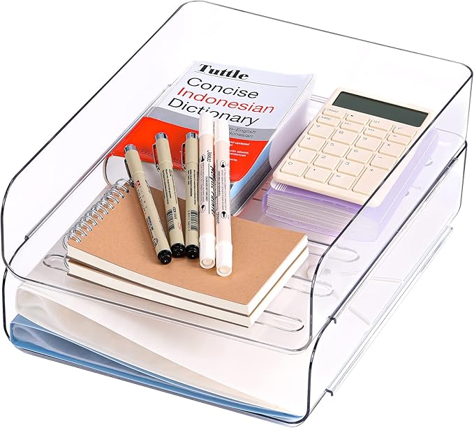 2 Pack Stackable Paper Tray, Acrylic File Organizer for Desk, Office Organizer and Storage for Desk Accessories, Notes, Books, File Paper, Document