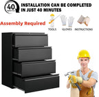 Metal File Cabinet with Lock, 4 Drawer Lateral File Cabinets for Home Office, Heavy Duty Office Storage Cabinet for A4/Letter/Legal Size, Assembly Required(Black)