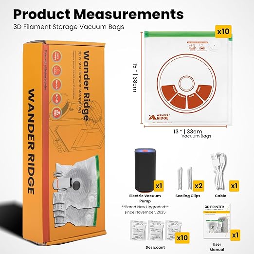 3D Printer Filament Storage Bags Vacuum Storage Bags Kit 3D Printer Accessories with Storage Bags (13x15 inches), Desiccants, Auto Pump, Sealing Clips, Humidity Resistant (10 Bags + Electric Pump)
