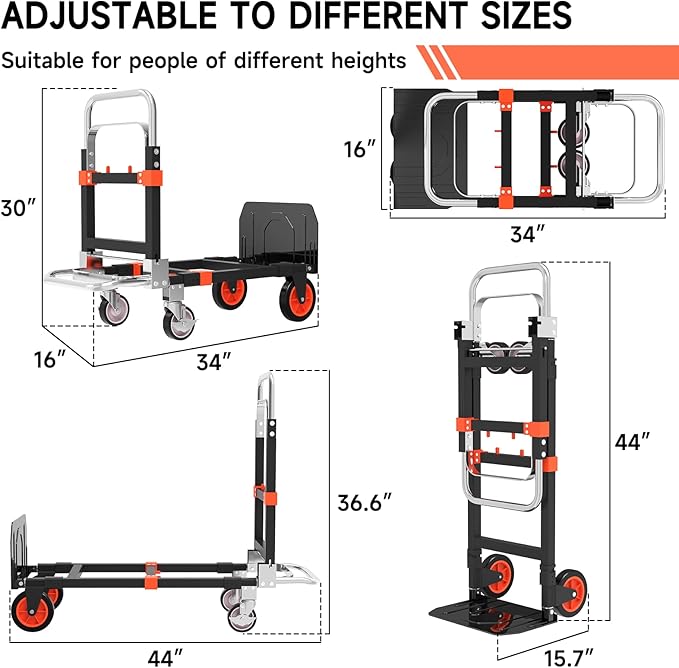 3-in-1 Heavy Duty Folding Hand Truck, 500LB Capacity Convertible Steel Dolly Cart with 360° Swivel Wheels & Telescopic Handle, Foldable Utility Wagon for Moving, Warehouse and Shopping