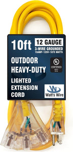 10 ft Outdoor Extension Cord Waterproof - 12 Gauge Heavy Duty Extension Cord Splitter Outdoor 10 ft - Lighted Outdoor Extension Cords with Multiple Outlets - Watts Wire - 10' Grounded