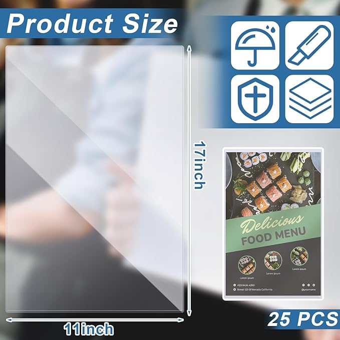 Henoyso 25 Pcs 11" x 17" Rigid Print Protectors, Heavy Duty Hard Plastic Sheet Page Protectors Crystal Menu Holder Clear Poster Sleeve Top Loading Frame for Magazine Photo Paper Poster Prints