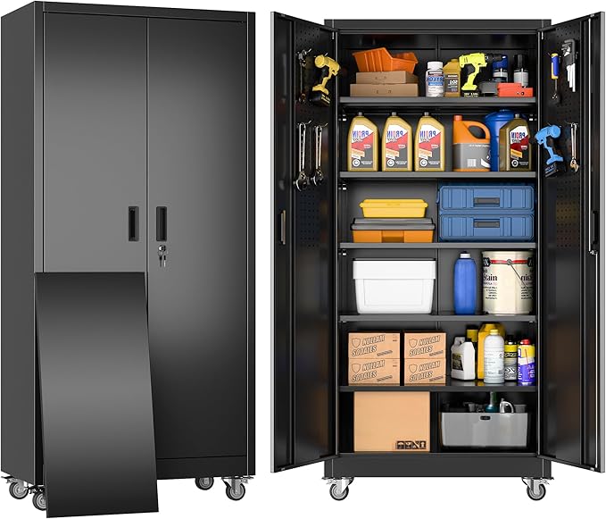 SUXXAN Metal Garage Storage Cabinet with Wheels and Pegboard 71'' x 34'' x 18'', Lockable Rolling Steel Cabinet with 5 Adjustable Shelves and Door for Garage, Office, Kitchen, Assembly Required(Black)