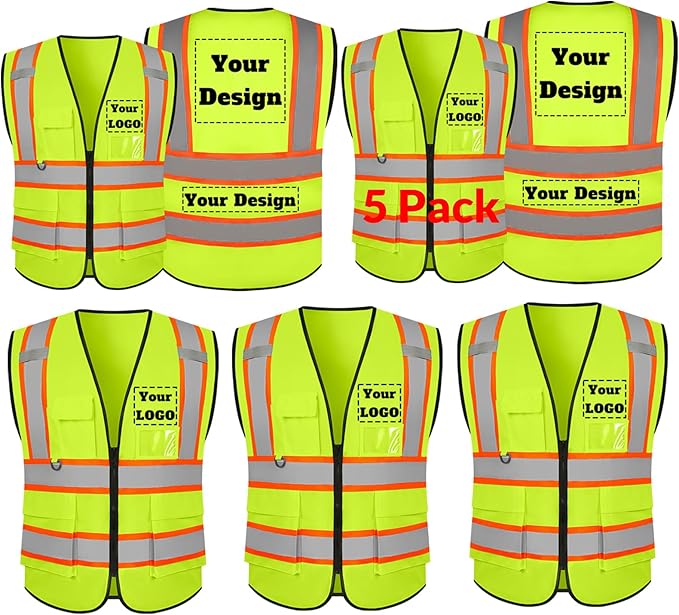 Safety Vest Customize Logo with 5 Pockets & Zipper Reflective High Visibility Vest Class 2 Outdoor Workwear
