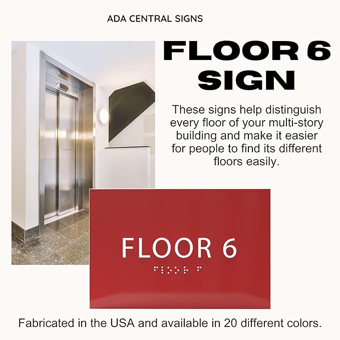 6" X4" Floor 6 Sign - ADA Compliant Tactile Graphics Grade 2 Braille Text | Wall Mount Plastic Directional Assistance, Floor Number Sign for Office, Schools, Hospitals, Apartments