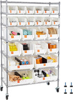 VEVOR 7-Tier Rolling Bin Storage Rack, 24 Organizer Bins, Bin Rack Storage Steel Wire Shelving System with Wheels, Mobile Tool Organizer for Garage, Warehouse, Office, Restaurant, Classroom, Kitchen