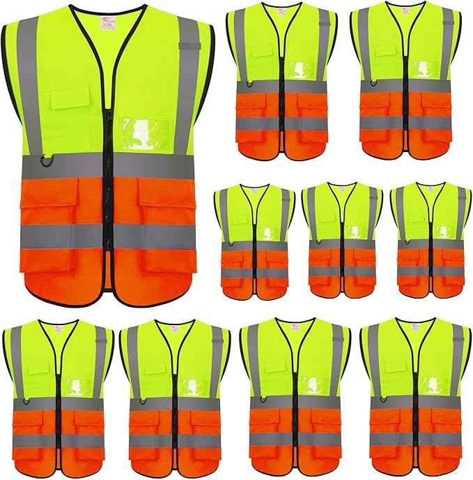 zojo High Visibility Safety Vests With Pockets, Pack of 10，Wholesale Reflective Vest for Outdoor Works, Cycling, Jogging, Walking,Sports - Fits for Men and Women (XL-Mix Yellow & Orange)