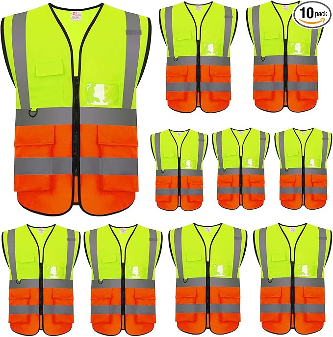 zojo High Visibility Safety Vests With Pockets,Pack of 10,Wholesale Reflective Vest for Outdoor Works, Cycling, Jogging, Walking,Sports - Fits for Men and Women (2XL-Mix Yellow & Orange)