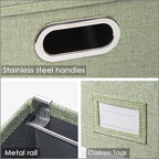 PRANDOM File Organizer Box - Set of 2 Collapsible Decorative Linen Filing Storage Hanging File Folders with Lids Office Cabinet Letter Size Green (14x9.3x10.8 inch)