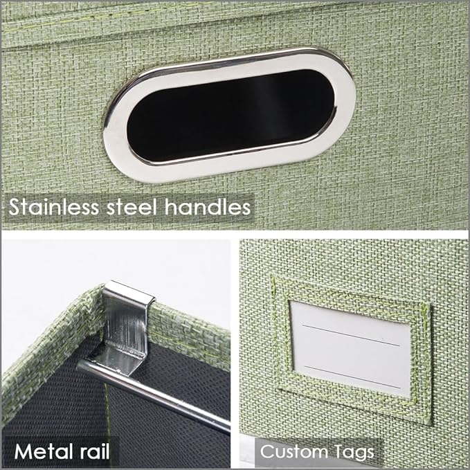 PRANDOM File Organizer Box - Set of 1 Collapsible Decorative Linen Filing Storage Hanging File Folders with Lids Office Cabinet Letter Size Green (14x9.3x10.8 inch)