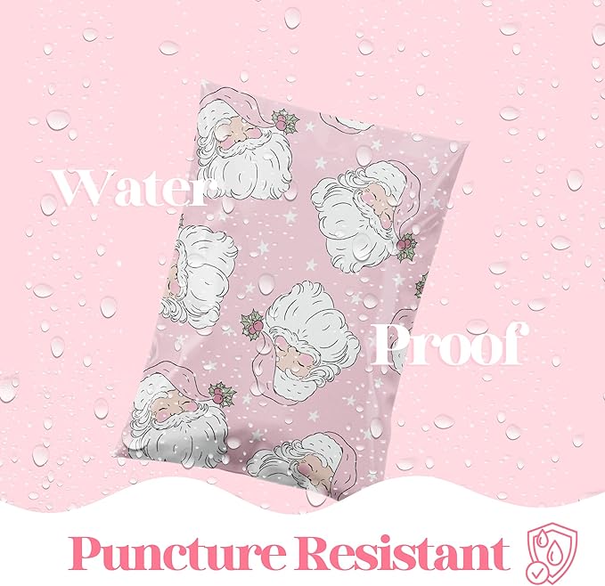 14.5x19 Designer Christmas Holiday Poly Mailers 100 Pack Heavy Duty Waterproof Self Seal Shipping Bags Large Mailing Envelopes Bulk Tear Resistant Cute Packaging Pink Santa