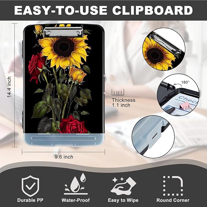 Clipboard with Storage,Heavy Duty Plastic Storage Clipboard with Low Profile Clip,Teacher Must Haves,Office Supplies,Sunflower Roses Flowers