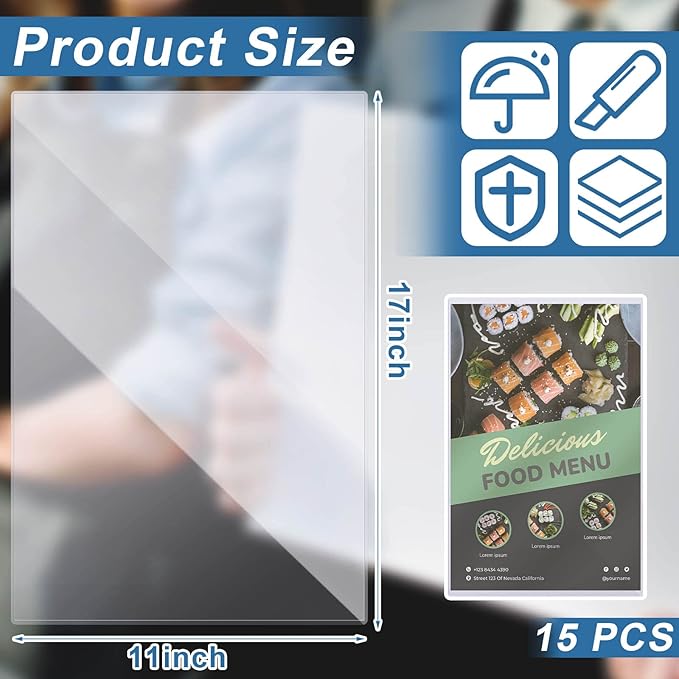 Henoyso 15 Pcs 11" x 17" Rigid Print Protectors, Heavy Duty Hard Plastic Sheet Page Protectors Crystal Menu Holder Clear Poster Sleeve Top Loading Frame for Magazine Photo Paper Poster Prints