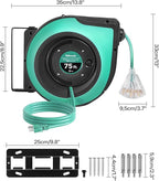 Retractable Cord Reel, 75 FT Heavy Duty Extension Cord, 14AWG/3C SJTOW, 3 Grounded Outlets Lighted Triple Tap, 10A Circuit Breaker, Wall/Ceiling Mounted, UL Listed, Light Green A75CR06