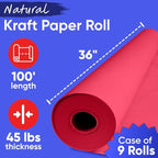 36" x 1200" (100 ft) Red Kraft Paper (Case of 9 Rolls), 45 lbs Thickness, Kraft Paper for School, Art Colored Paper, Gift Wrapping Paper, Packing Paper for Moving