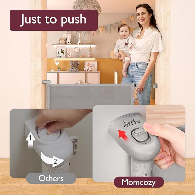 Retractable Baby Gate, Momcozy Extra Wide Mesh Baby Gates for Stairs, 33" Tall, Extends to 71" Wide, Pet Dog Gate for Doorways, Stairs, Hallways, Indoor/Outdoor