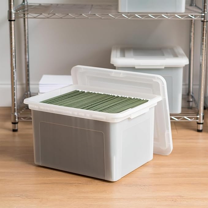IRIS USA File Box, Plastic File Organizer with Lids for Letter/Legal File, Portable Document Box For Moving, Storage Bin with Durable and Secure Lid, Stackable Nestable BPA-Free, Pearl 35 Qt. 4 Pack