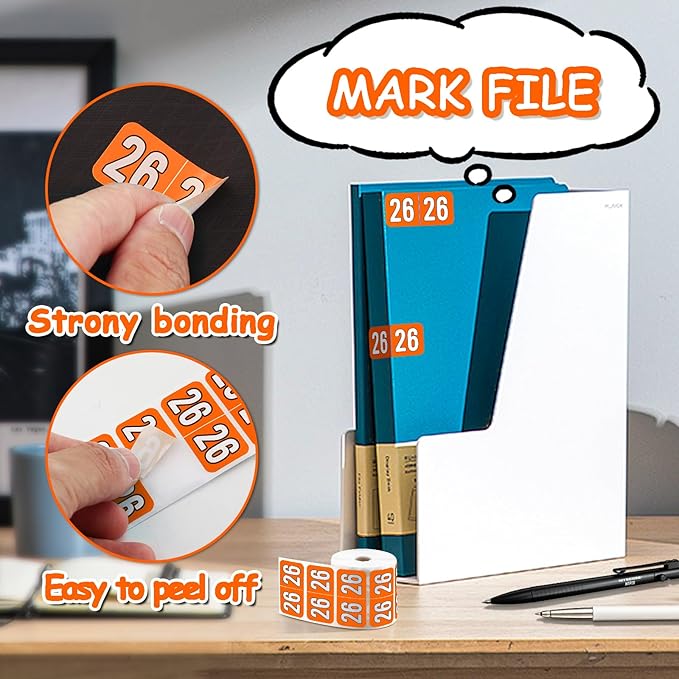 500 Pcs 2026 Year Stickers, Waterproof File Folder Labels, Self-Adhesive Rectangle Tabs for End Folders and Envelopes, Number Tabs, Office and Home Supplies (Orange)