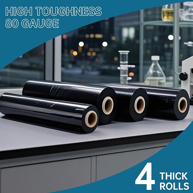Black Plastic Shrink Wrap Roll, 18 Inch 1500 Feet Stretch Film, 80 Gauge, 800% Stretch Industrial Strength Moving Wrap, Heavy Duty Pallet & Furniture Protection(4 Pack)