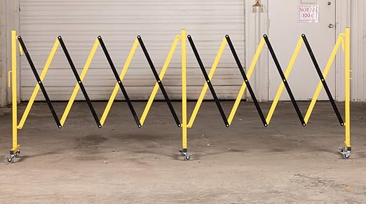 Trafford Industrial Expandable Metal Barricade, 16 Feet, Yellow and Black, Mobile Safety Barrier Gate, Retractable Traffic Fence