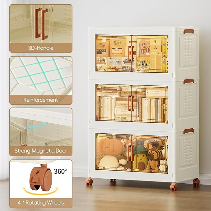 JEKO&JEKO 324 Qt Collapsible Storage Cabinets with Front-Open Doors & Wheels, 3-Pack Extra Large Stackable Plastic Organizers with Lids for Home, Bedroom & Garage Organization, Cream