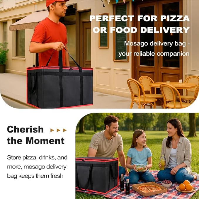 mosago Insulated Food Delivery Bag - Reusable Thermal Cooler Grocery Bags for Catering & Delivery, Pizza Carrier for Events, Large Capacity Bag Keeps Food Hot/Cold (Black with Red Trim, with Base)