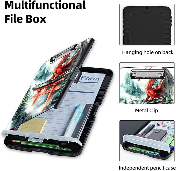 Clipboard with Storage Box & Pen Holder,Heavy Duty Clip Boards 8.5x11 for Nursing,High Capacity,School & Office Supplies,Dragon Torii