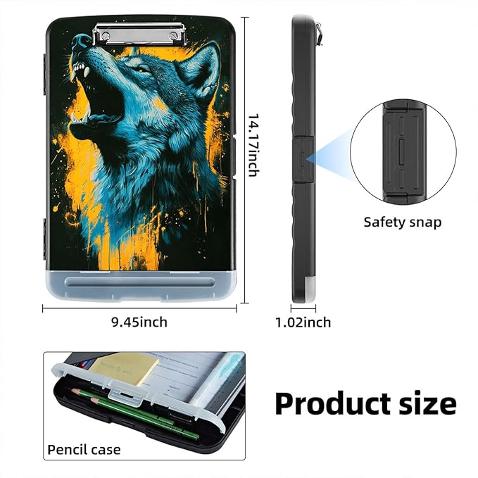 Clipboard with Storage Box & Pen Holder,Heavy Duty Clip Boards 8.5x11 for Nursing,High Capacity,School & Office Supplies,Wolf Howl Blue Orange