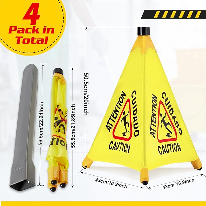 4 Pcs Pop up Wet Floor Sign with Storage Tube 20 Inch Wet Safety Signs Commercial Caution Safety Cone Pop up Caution Sign for Commercial Stores Grocery Restaurant Restroom Office Use