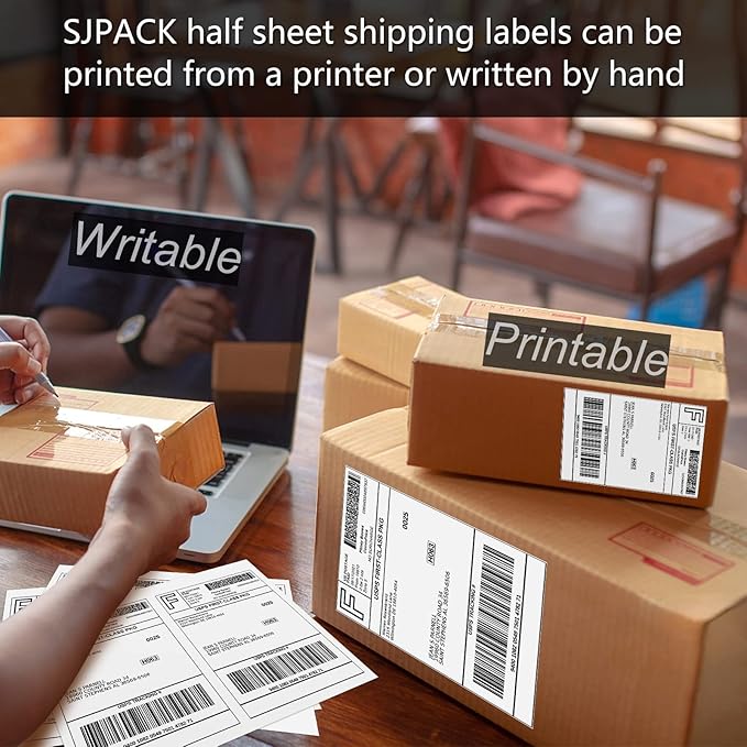 SJPACK Half Page Self Adhesive Shipping Labels, 8.5" x 5.5" Shipping Labels Compatible Laser & Inkjet Printer 2 Label Per Sheet (250 sheets-500 Label)
