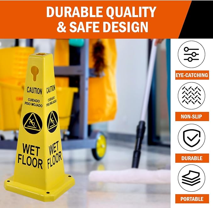 26.5" Caution Cones, 4-Sided Visible Safety Signs with Heavy Rubber Base, Warning for Slip & Fall Prevention, Indoor/Outdoor Use (8, Wet Floor Caution-Yellow, 26.5 inch)