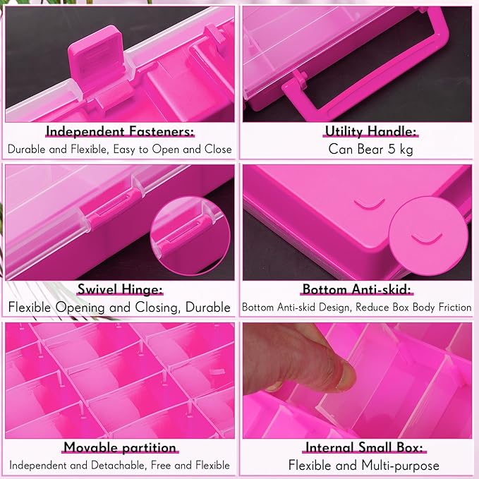 Juexica 2 Pcs Large 48 Grids Plastic Storage Bead Organizer Box, Tackle Box, Compartment Organizer Container with Adjustable Dividers for Jewelry Art Crafts Toys Screw Small Parts(Pink)