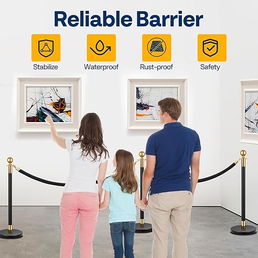 VIVOHOME Iron Stanchion Post Queue 6PCS Pole w/ 4 Red Velvet Ropes, Crowd Control Barriers w/Fillable Base for High-end Venues, Museums, Party Supplies (6 Pieces, Black and Golden)