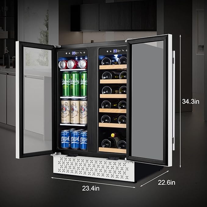 Tylza Wine and Beverage Refrigerator, 24 Inch Dual Zone Wine Fridge, Holds 20 Bottles and 88 Cans, French Doors, Lock, Under-counter or Freestanding Wine Cooler, Beverage Fridge with Tempered Glass