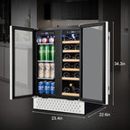 Tylza Wine and Beverage Refrigerator, 24 Inch Dual Zone Wine Fridge, Holds 20 Bottles and 88 Cans, French Doors, Lock, Under-counter or Freestanding Wine Cooler, Beverage Fridge with Tempered Glass