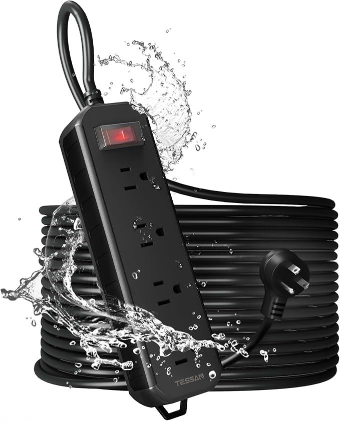 Outdoor Power Strip Weatherproof, TESSAN 50FT Long Extension Cord Waterproof with 4 Outlets 1 Switch (1250W), Surge Protector 1700J, Wall Mountable for Home Office and Patio Christmas Lights, Black