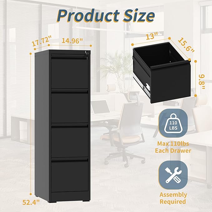 4 Drawer File Cabinet with Lock, Vertical Filing Cabinets for Home Office, Metal Storage Cabinets, Heavy Duty File Cabinet for Letter/Legal/A4/F4 Size Amssebly Required, Black