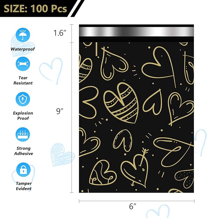 Poly Mailers 6x9 Inch 100 Pcs, Heart printed Thank You Shipping Bags with 2.4mil Thickness, Waterproof Mailing Envelopes, Strong Self-sealing Adhesive Poly Bags for Shipping